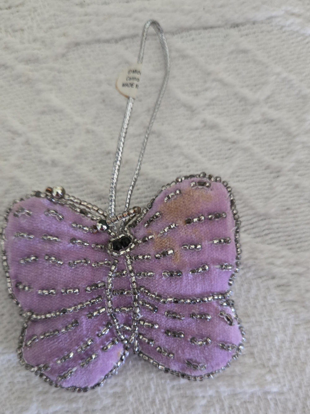 Lilac Velvet Butterfly Hanging Ornament with Silver Bead Trim